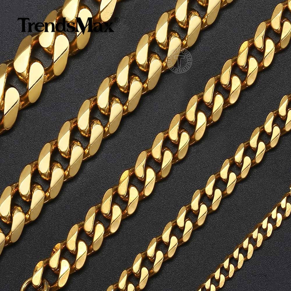 3/5/7/9/11mm Gold Plated Stainless Steel Cuban Chain Necklace Bracelet Men Women