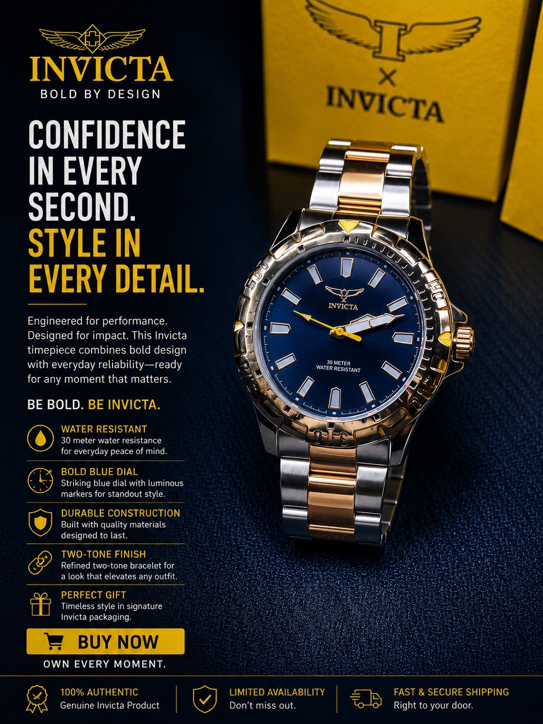 Invicta Specialty 69037 Men’s 42mm Gold & Silver Tone,Black Dial Watch NIB