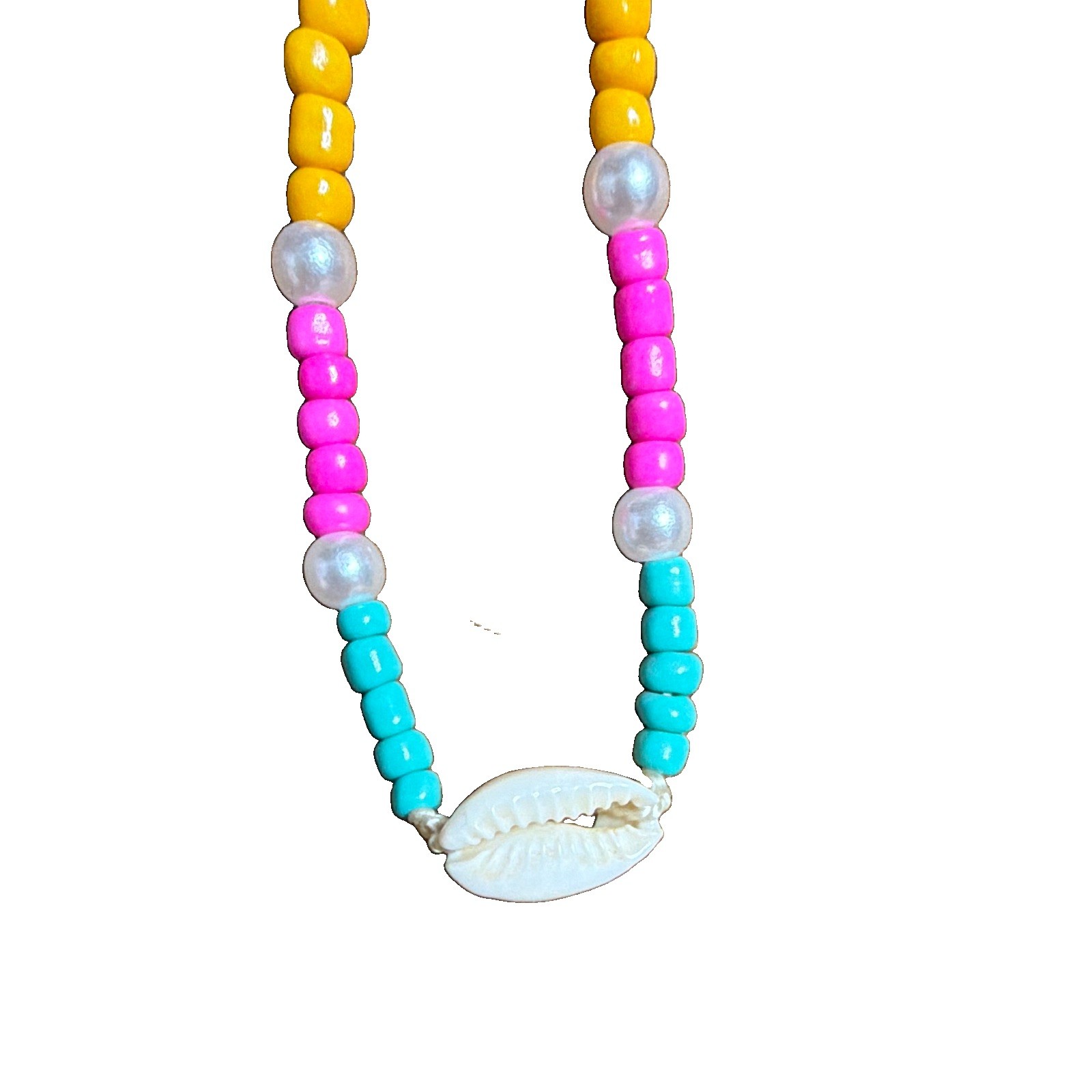 Seed Bead Faux Pearl & Cowrie Shell 16inch Mermaid Colorful Beach Necklace