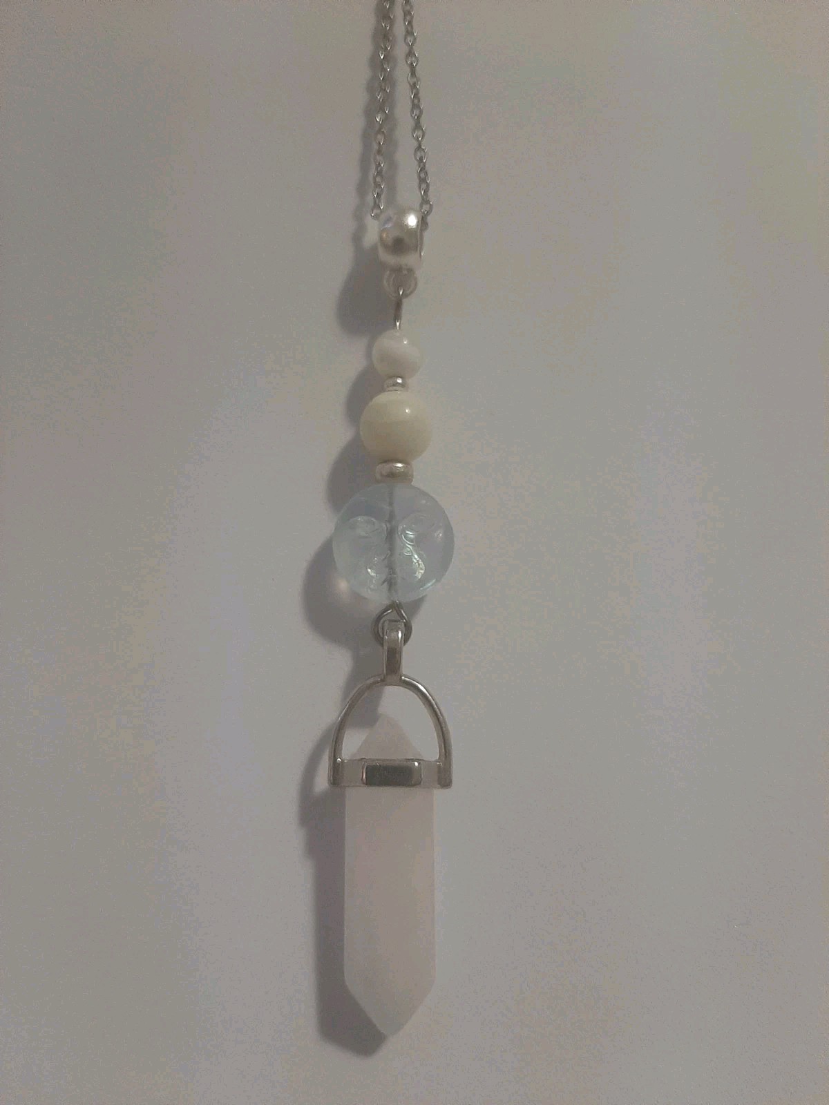 Genuine Milky CLEAR QUARTZ Crystal Point MOP Shell Beads Glass Moon Face Pendant