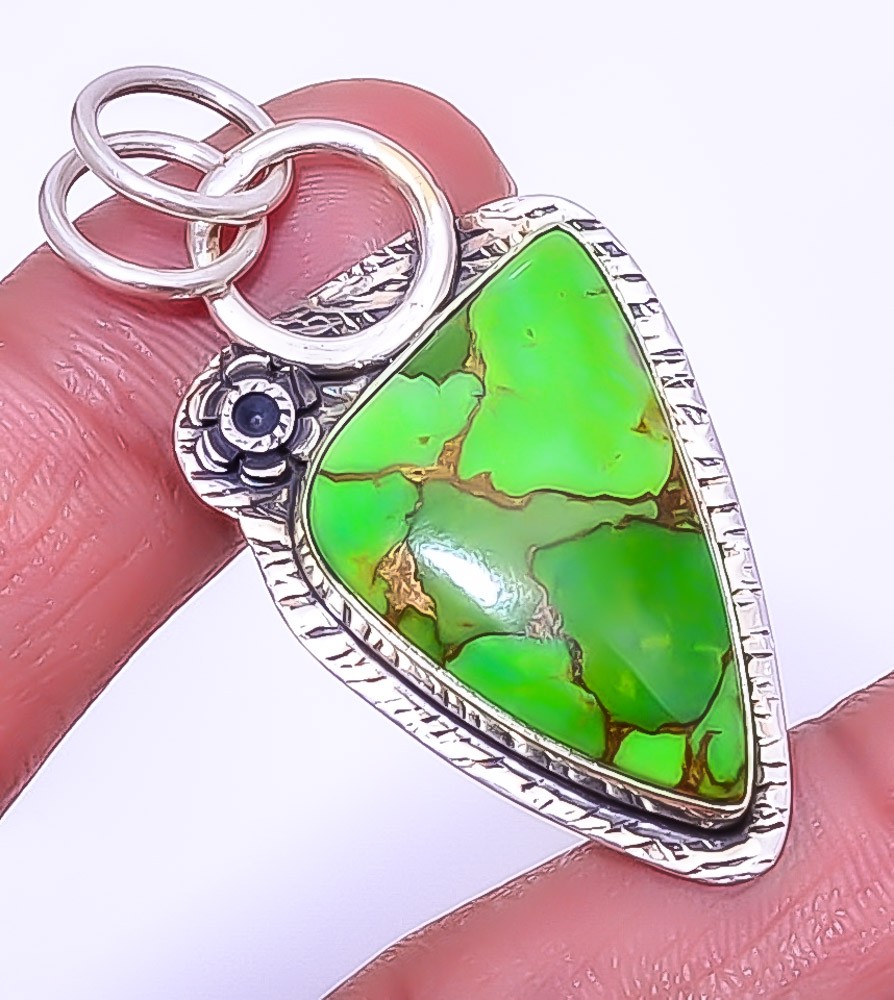 Copper Green Turquoise Gemstone 925 Sterling Silver Handmade Pendant 1.95″ A330