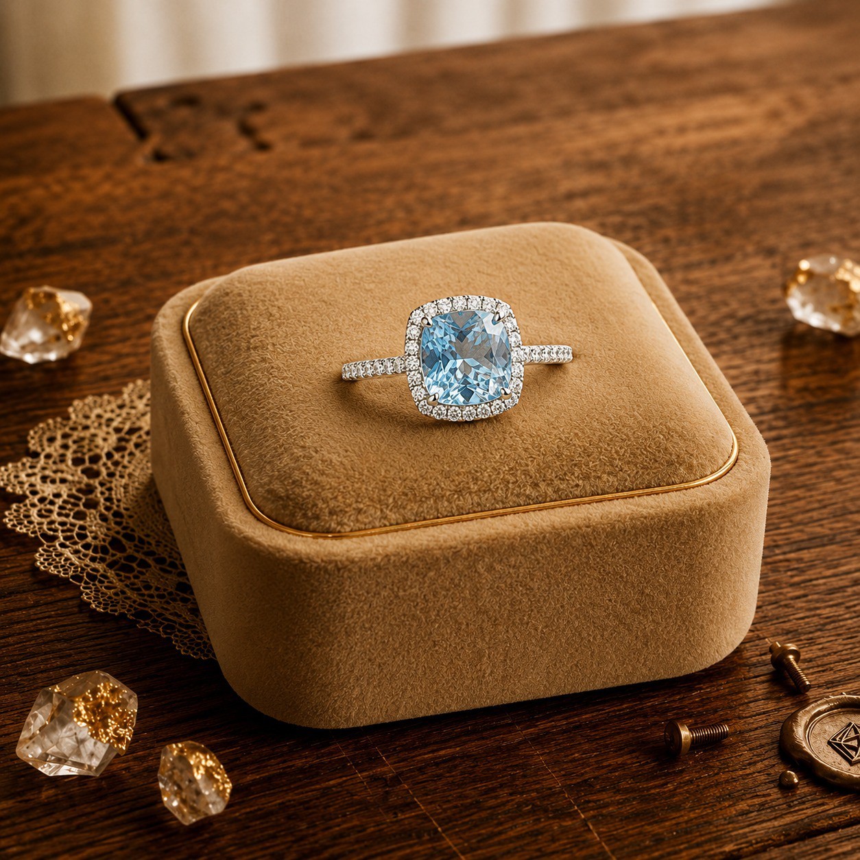 2.04 Ct Cushion Cut Natural Aquamarine Diamond Ring 14K Solid Yellow Gold