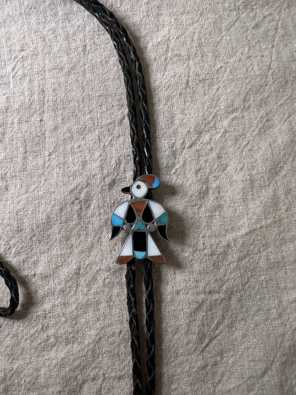 Vintage Circa 1950 Zuni Sterling Silver Mosaic Inlay Thunderbird Bolo Tie