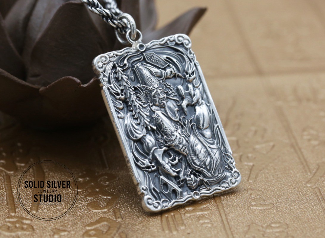 HUGE S999 Pure Silver God of Wealth Pendant Taoist Amulet Good Fortune Talisman