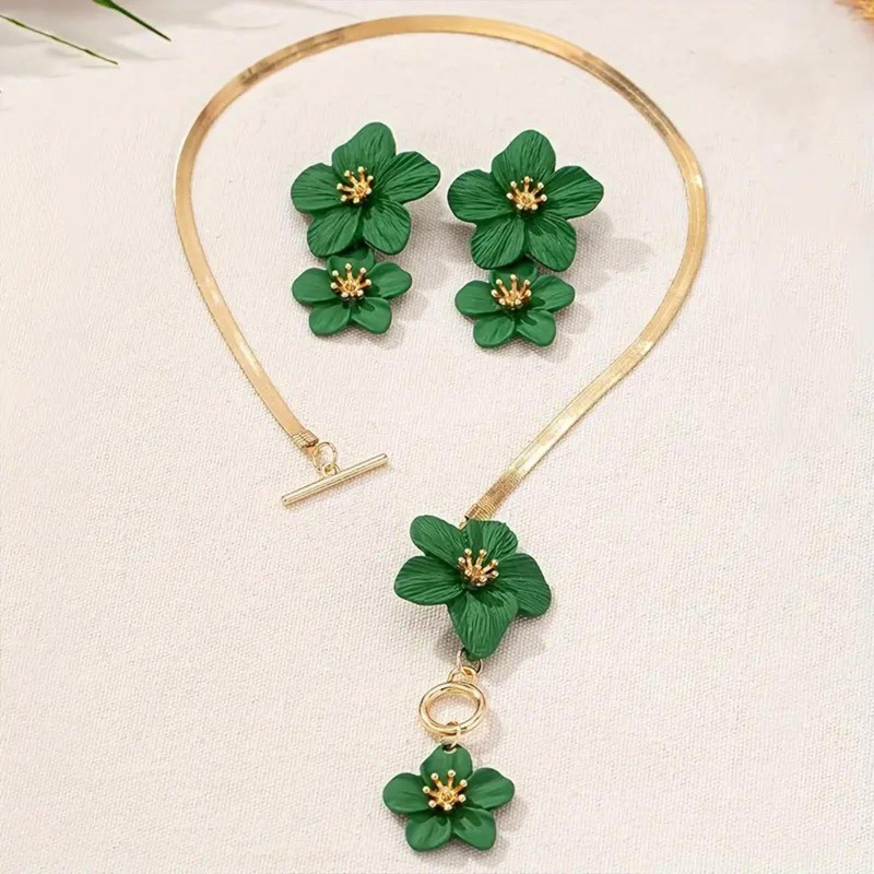 Women’s Fashion Elegant Green Flower Pendant Necklace Earring Set Gift Alloy