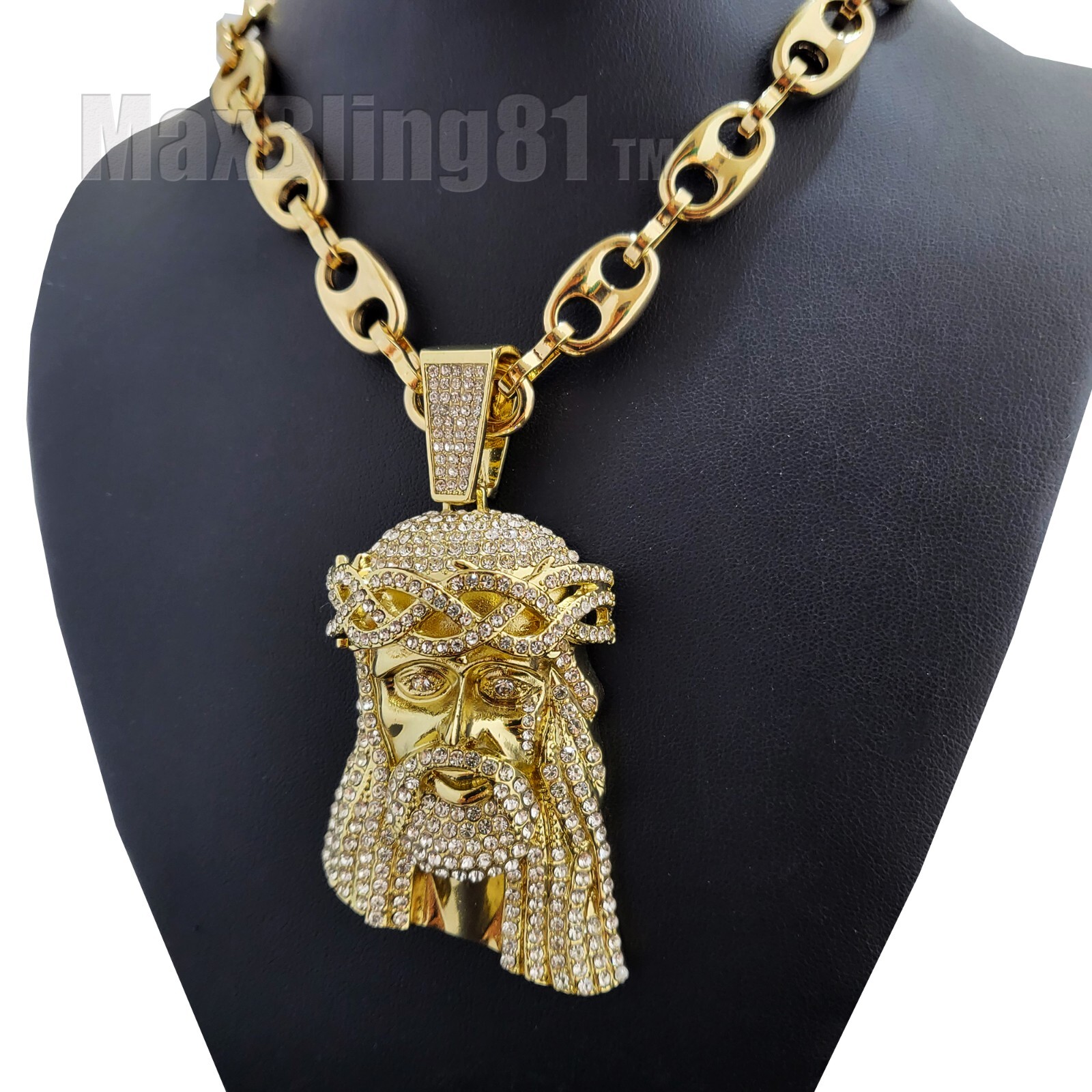 Iced Gold plated Cubic Zirconia Large Jesus Charm & Bling Marina Chain Necklace