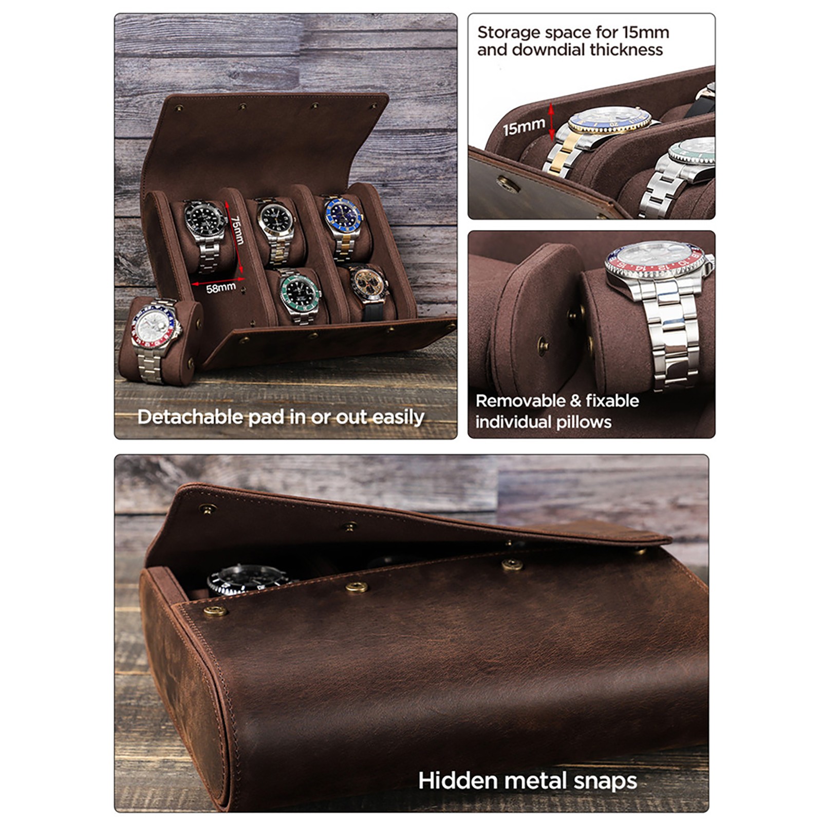6-Slot Watch Roll Storage Box Genuine Leather Jewellry Display Travel Case NEW