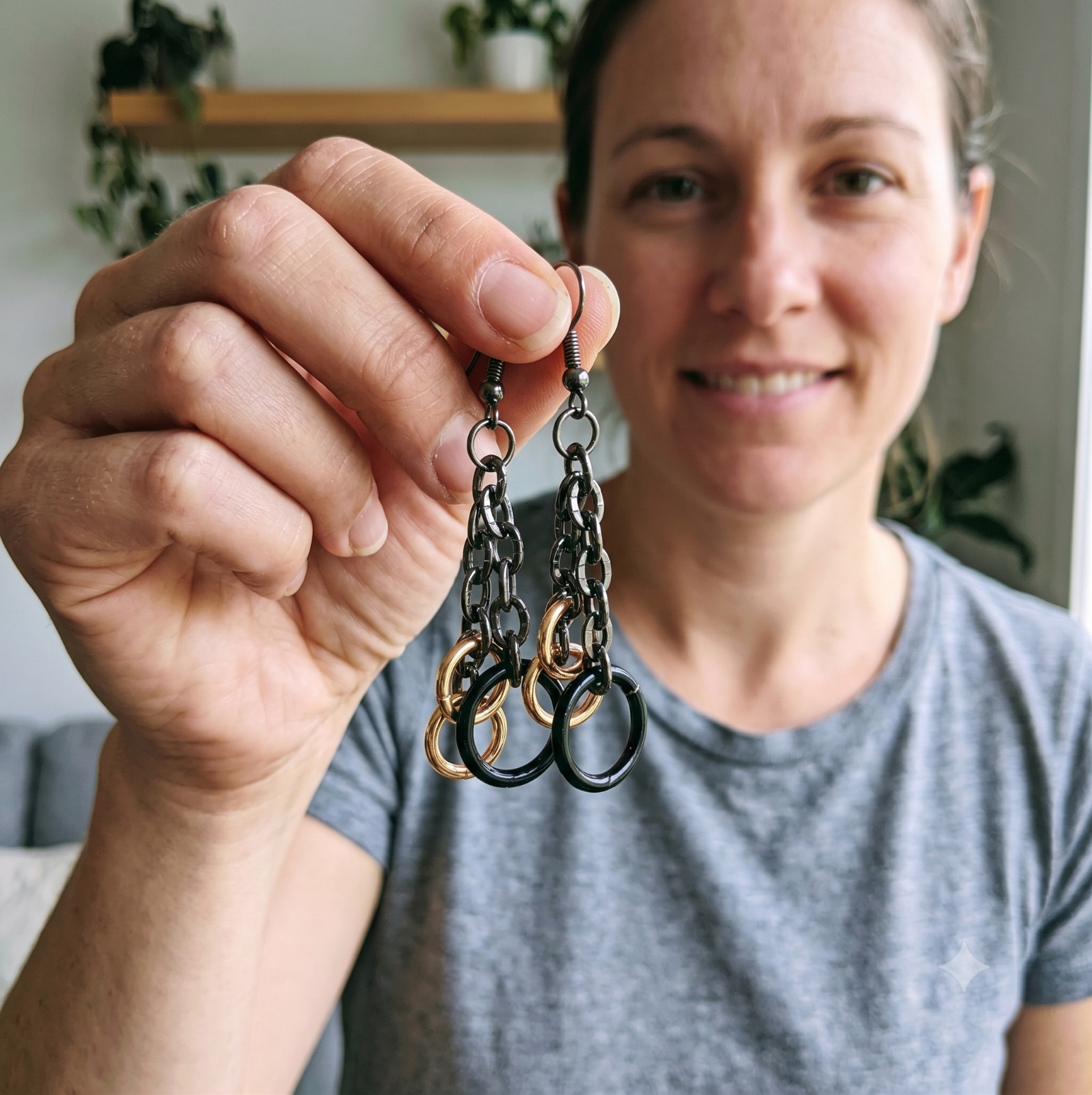 Black & Gold Stainless Steel Jump Rings on Gunmetal Gray Chains Dangle Earrings