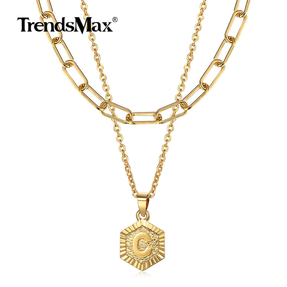 Gold Plated Stainless Steel Hex Letters A-Z Pendant Necklace Choker Rolo Chain