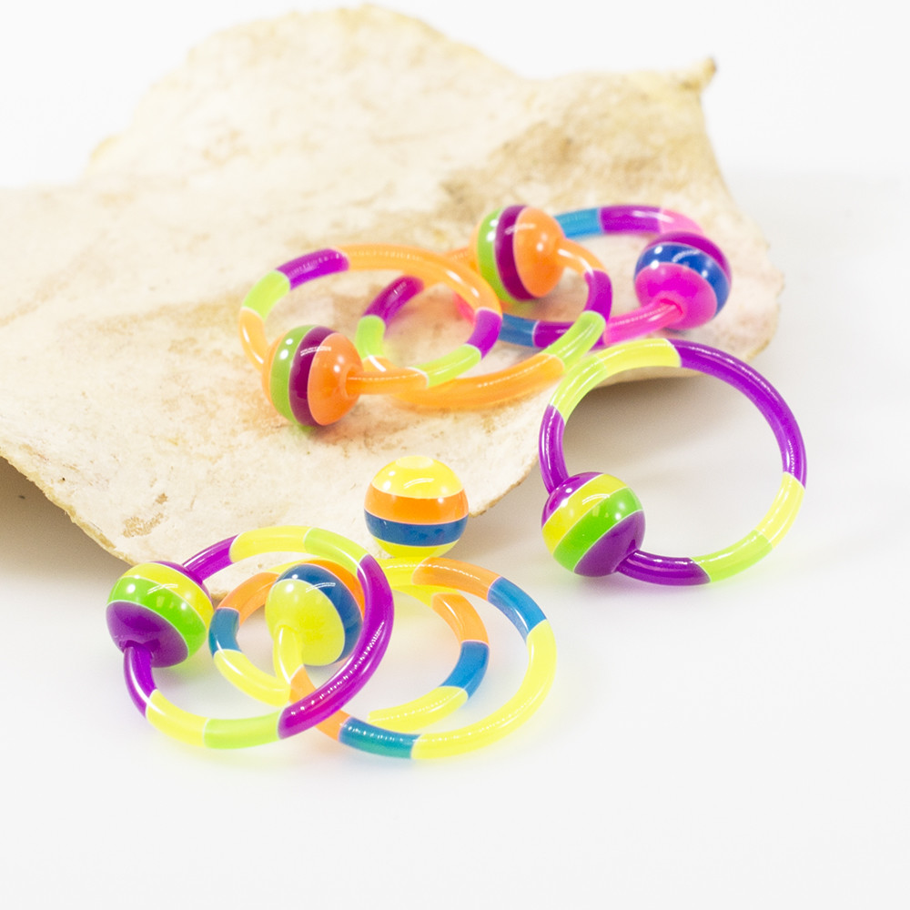 Captive Ring Package of 8 with Colorful Design 14g 12mm length