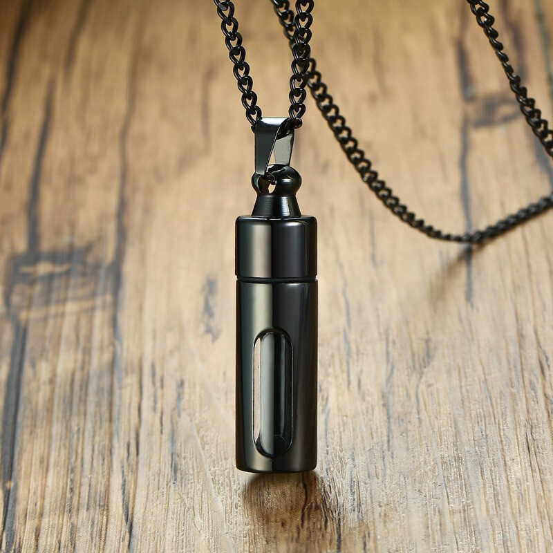 Stainless Steel Pendant Necklace Ash Urn Cremation Memorial Glass Container Men
