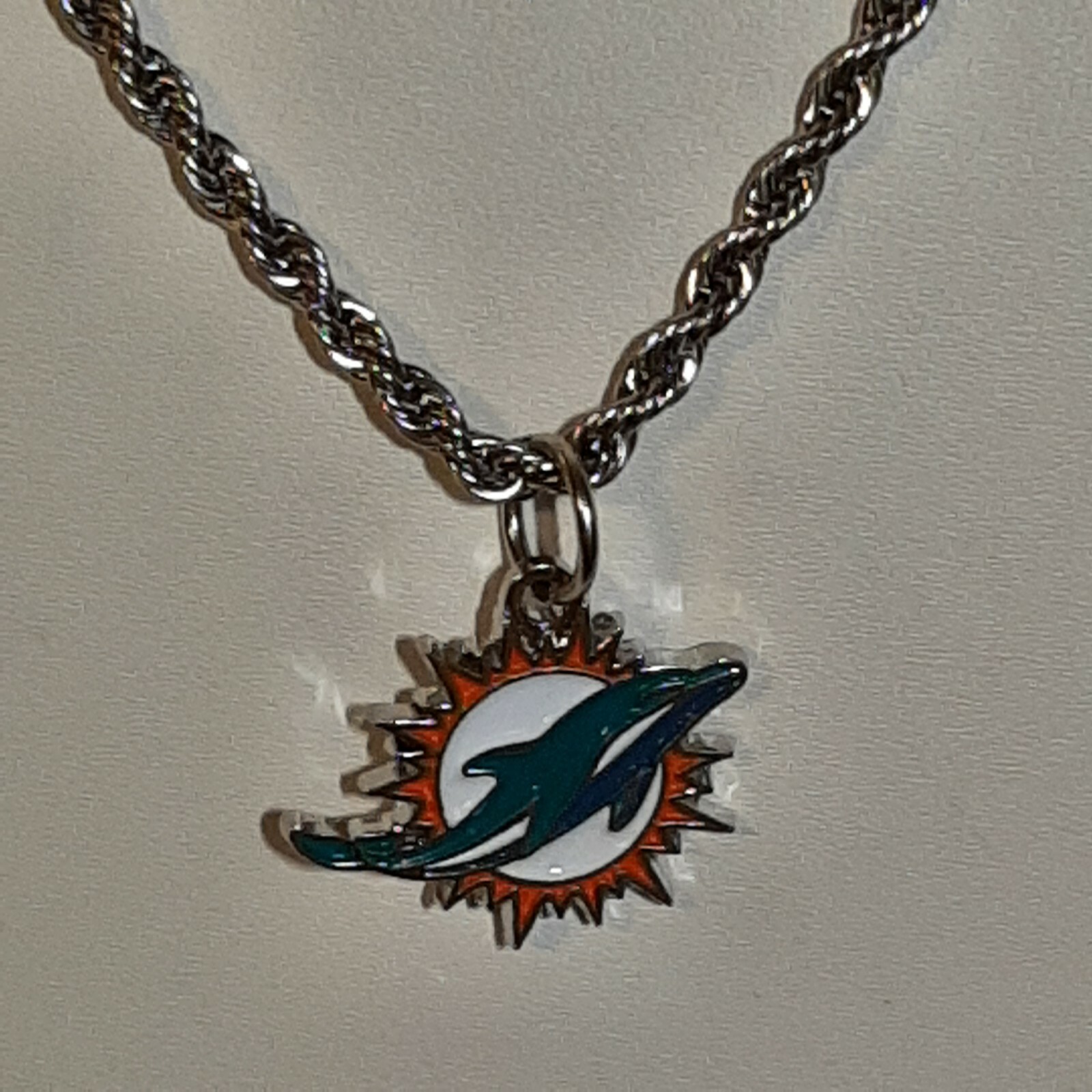 MIAMI DOLPHINS Chrome Pendant Charm / STAINLESS ROPE CHAIN NECKLACE