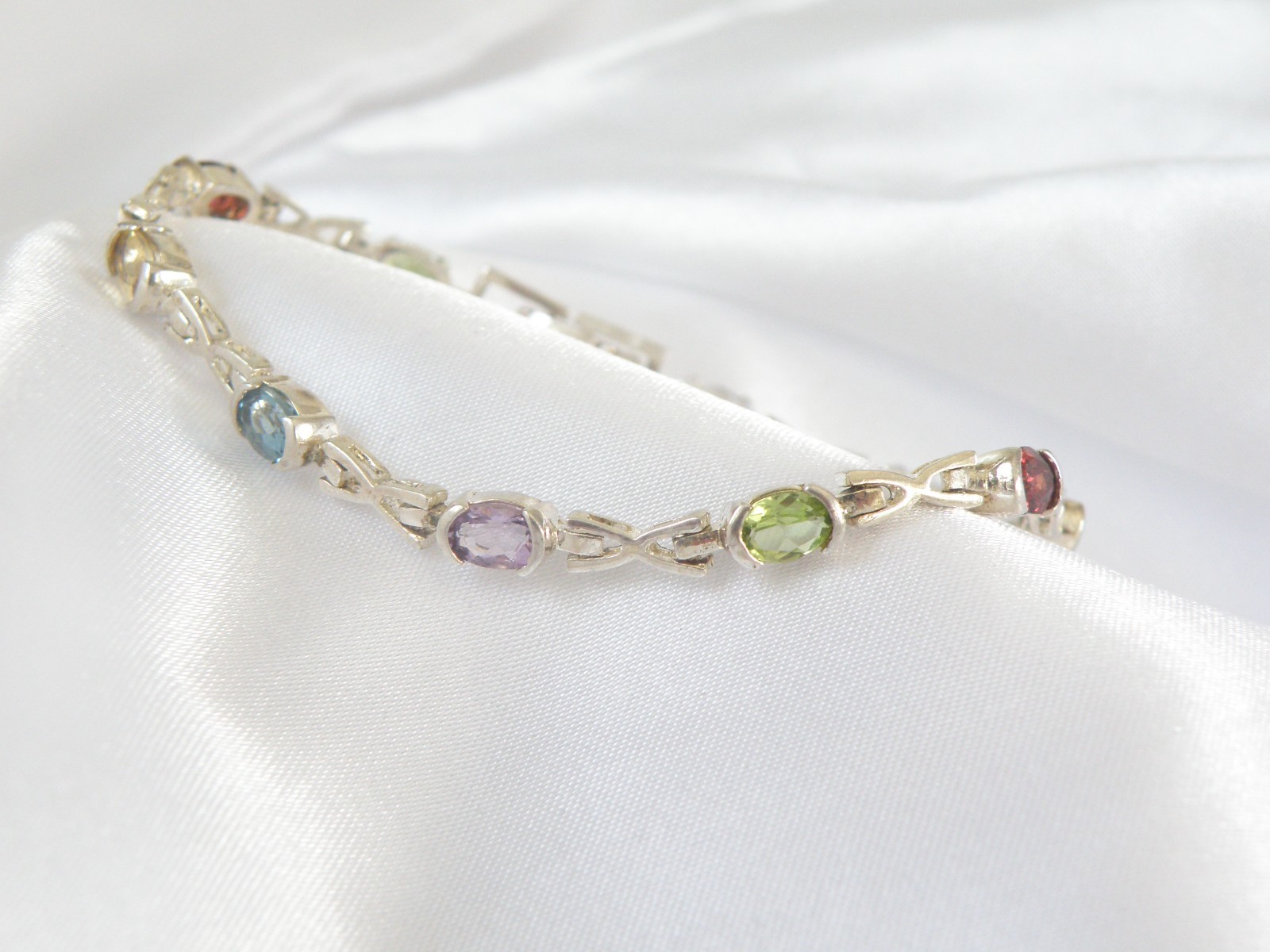 Vintage Sterling Silver 925 Gemstone Tennis Station Link Bracelet 7″