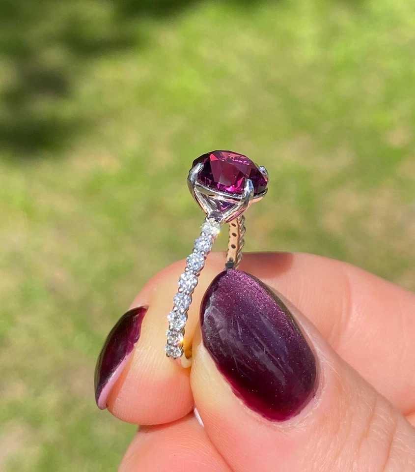 2.73Ct Round Natural Rhodolite Diamond Bridal Wedding Ring 950 Platinum Size 6 7