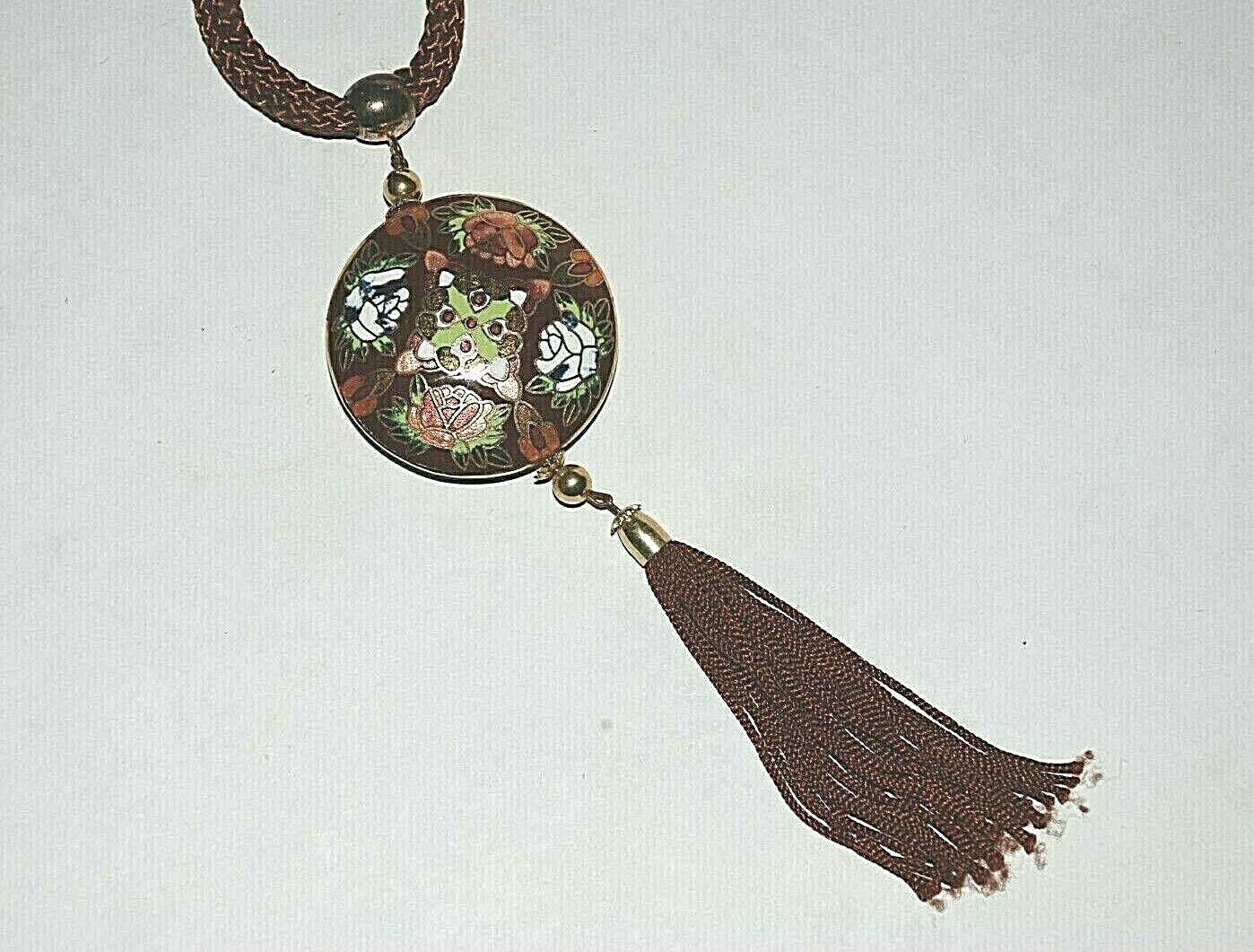 Cloisonne Asian Flower Tassel Necklace Pendant Enamel Gold Filled Silk Cord Boho