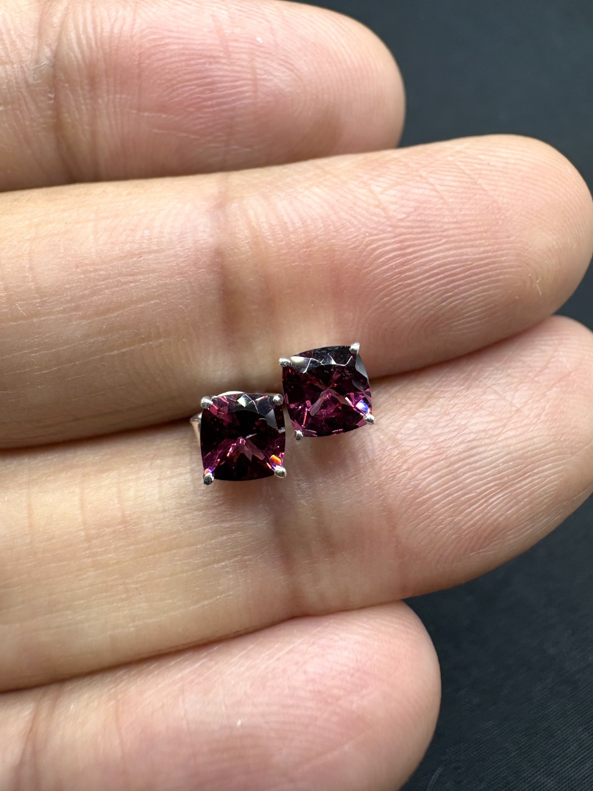 Pink Rhodolite Stud Earrings in Sterling Silver | 5.00mm Cushion Cut, 1.50 cts