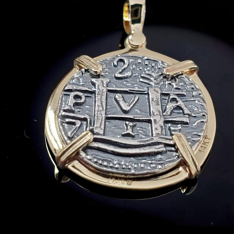 Atocha Shipwreck Silver Coin Pendant Solid 14k Gold Frame Museum Quality