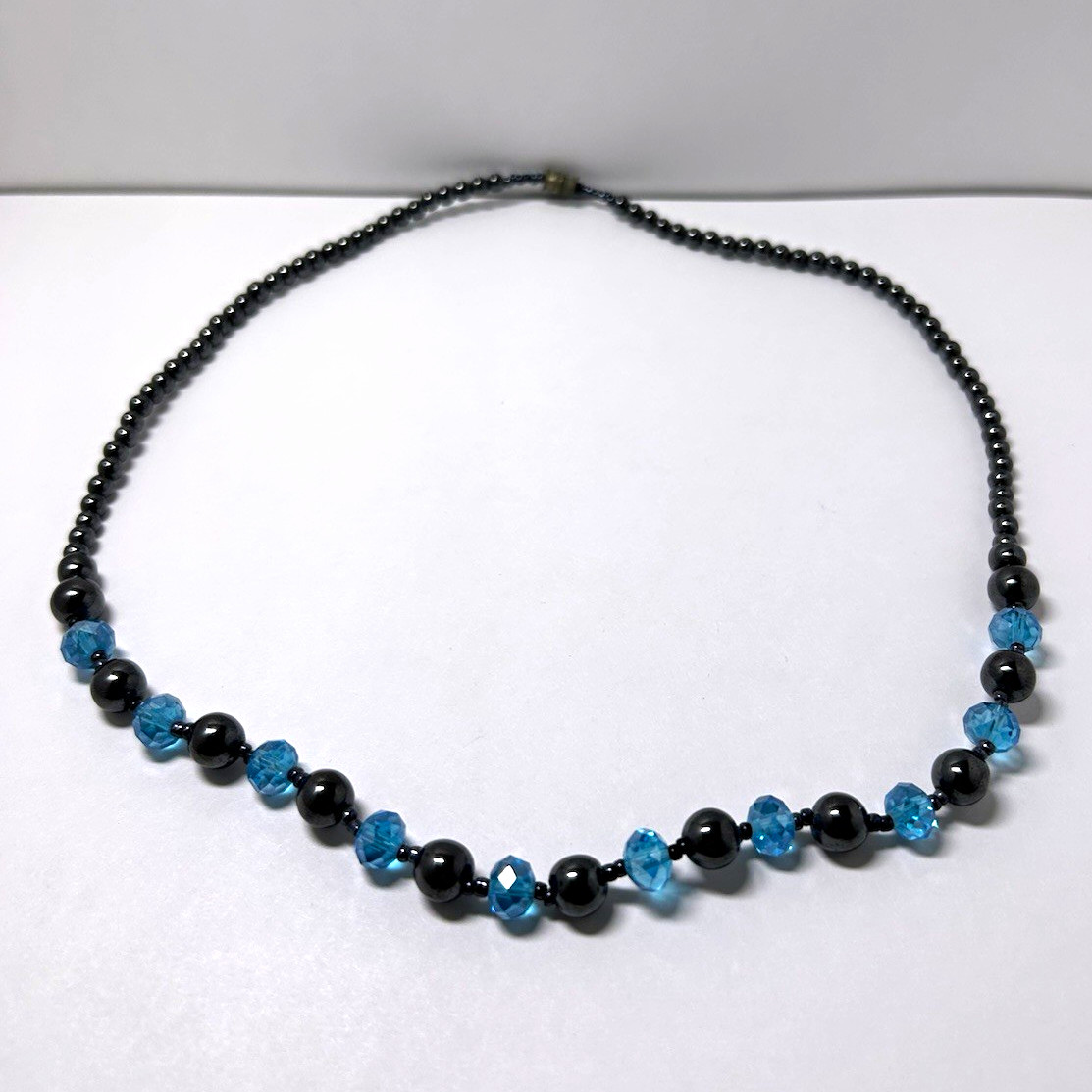 Black Blue Glass Beaded Ball Chain Necklace Round Blue Glass Stone