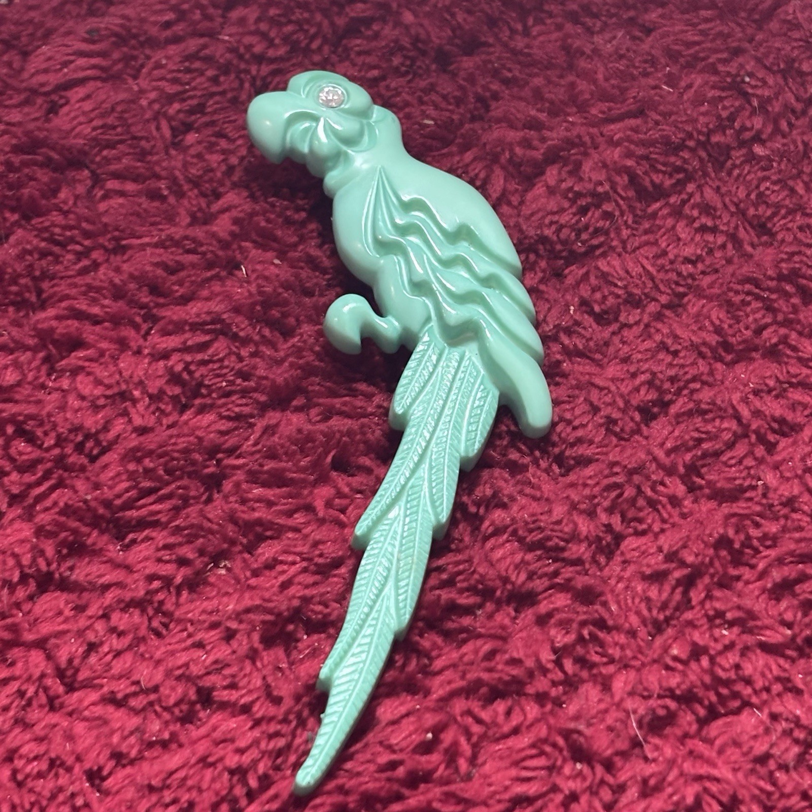 Parrot Bird Brooch Pin – Green Plastic – Rhinestone Eye West Germany – 1553 Rare