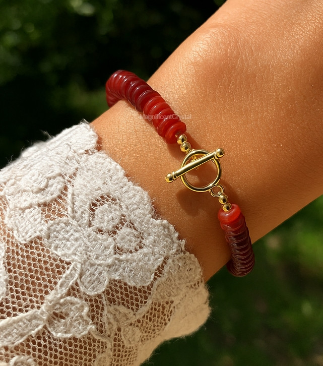 Minimalist Red Carnelian Bracelet Classic Toggle Crystal Gemstone Women Jewelry