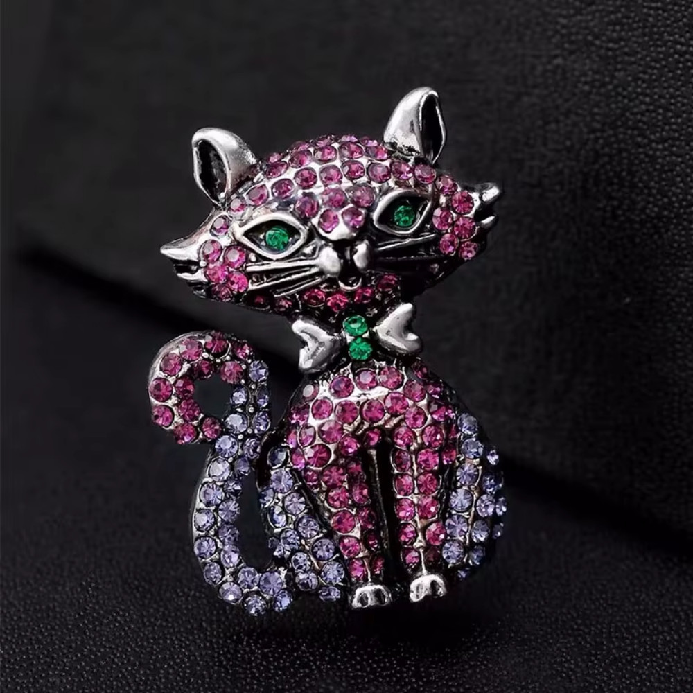 Sparkling Rhinestone Cat Brooch Animal Silver Pin Spring Summer Jewelry Gift