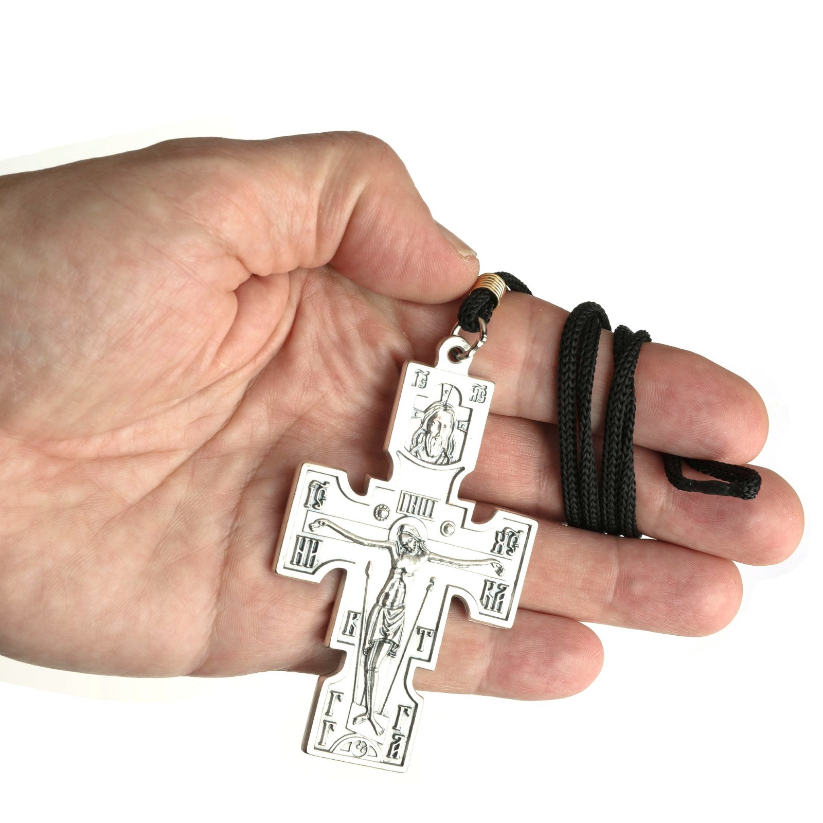 Pectoral Cross Necklace – Crucifixion & St. Michael/Madonna – 3.5″ Silver Tone