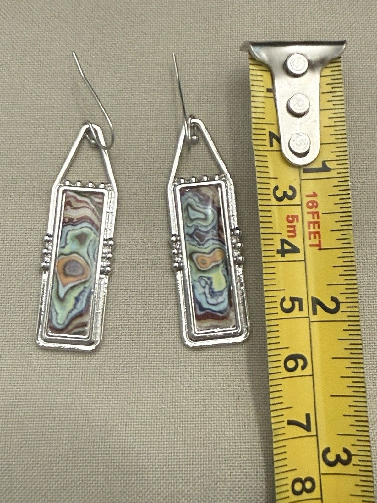 Resin/Stainless Steel Mosic Drop Earring & Pink Cow Hair W/.925 Silver Medallion