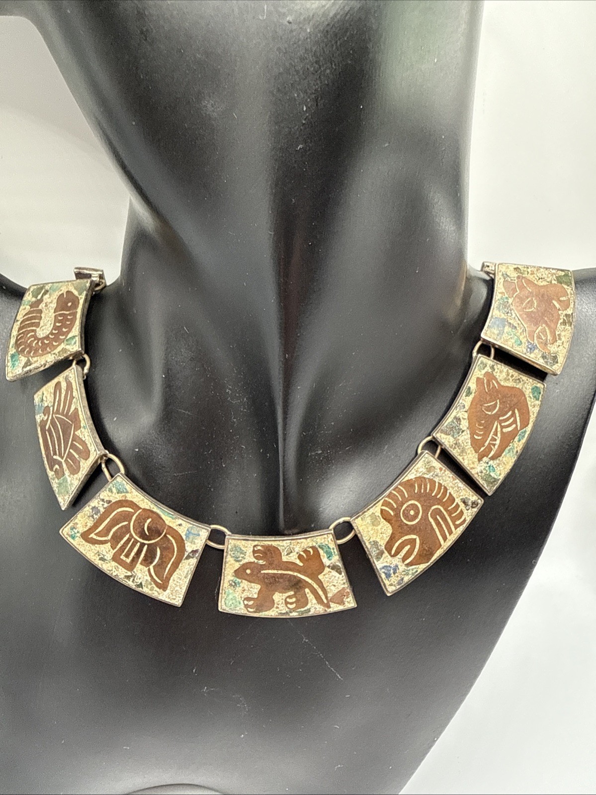 VTG HECHO EN MEXICO 925 STERLING MIXED STONES AZTEC NECKLACE.56.8 GRAMS.SIGN DH?