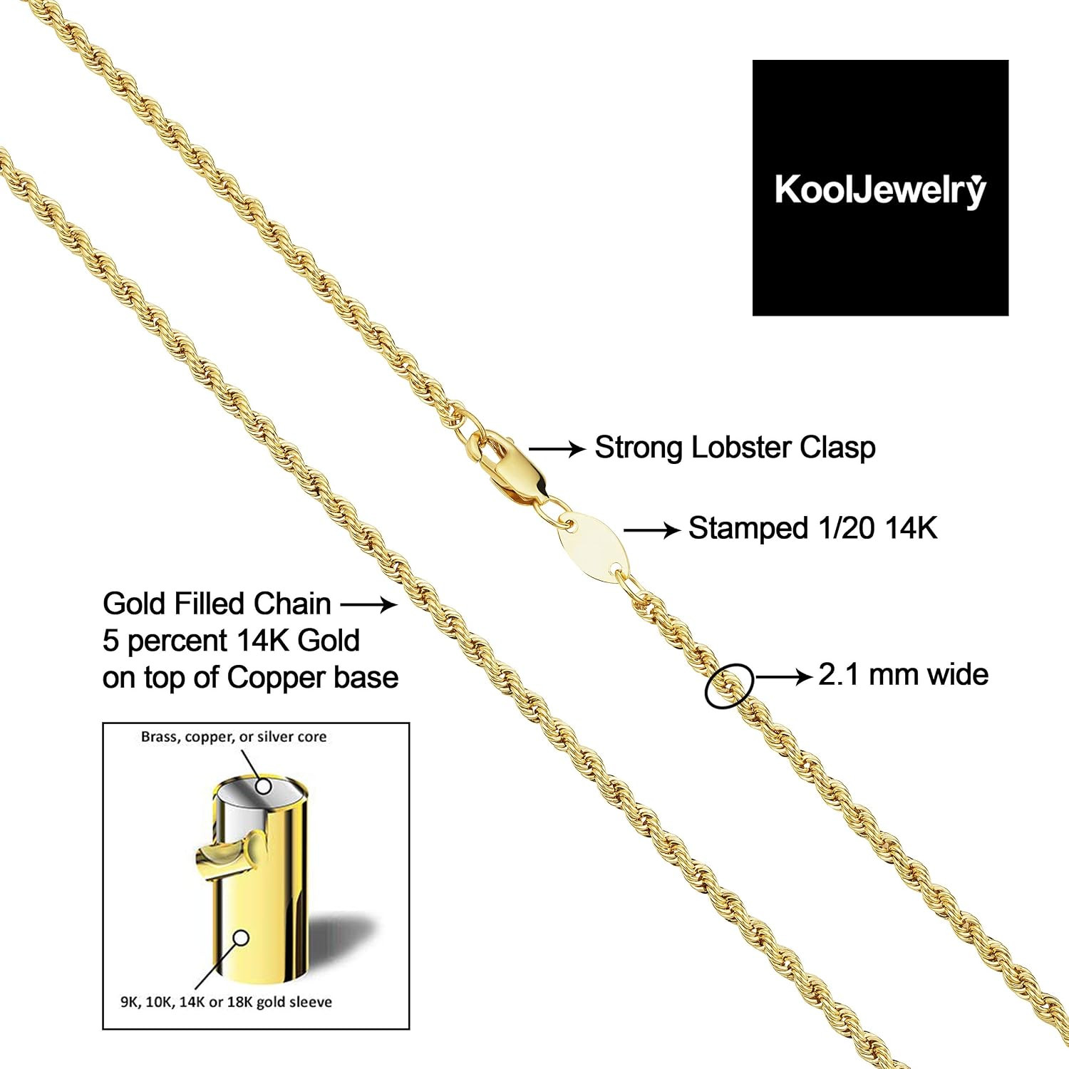 14K Yellow Gold Filled Rope Chain Necklace for Men & Women – Multiple Sizes