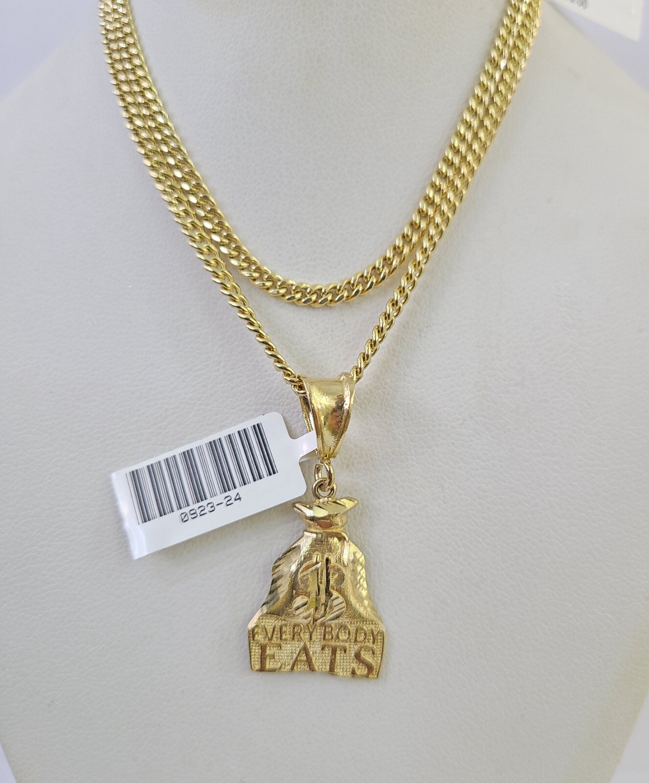 10K Gold Miami Cuban Chain Everybody Eats 18″-28″ 3mm Pendant Necklace SET Charm