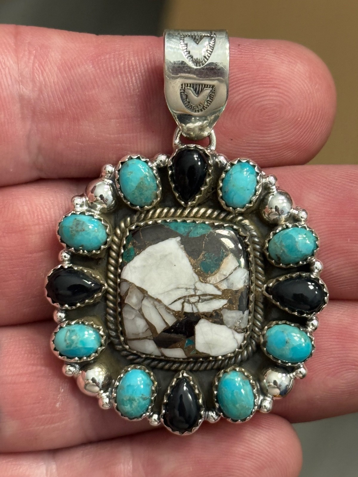 STERLING SILVER TURQUOISE WHITE BUFFALO MIX ONYX BIG CLUSTER DOME PENDANT .925