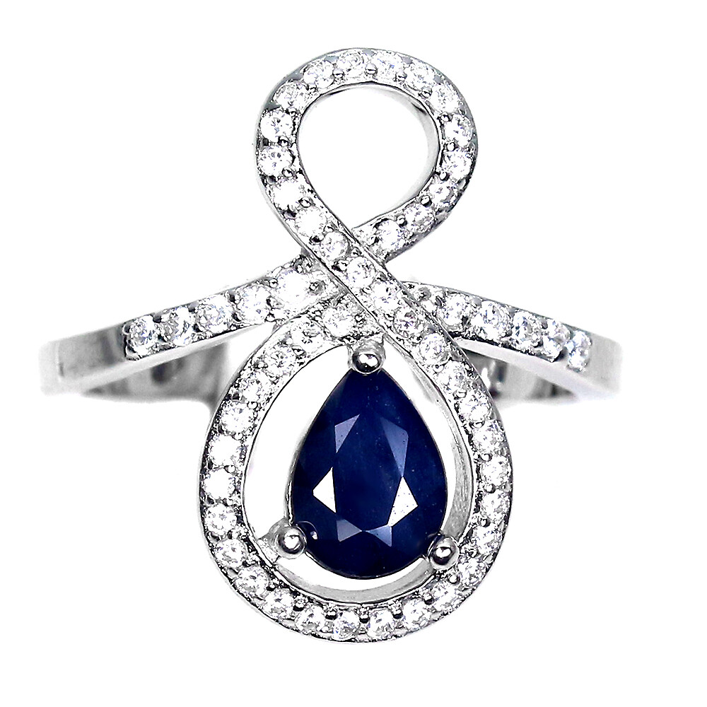 925 Sterling Silver Ring Pear Sapphire Diffused 7x5mm Gemstone Jewelry Gift