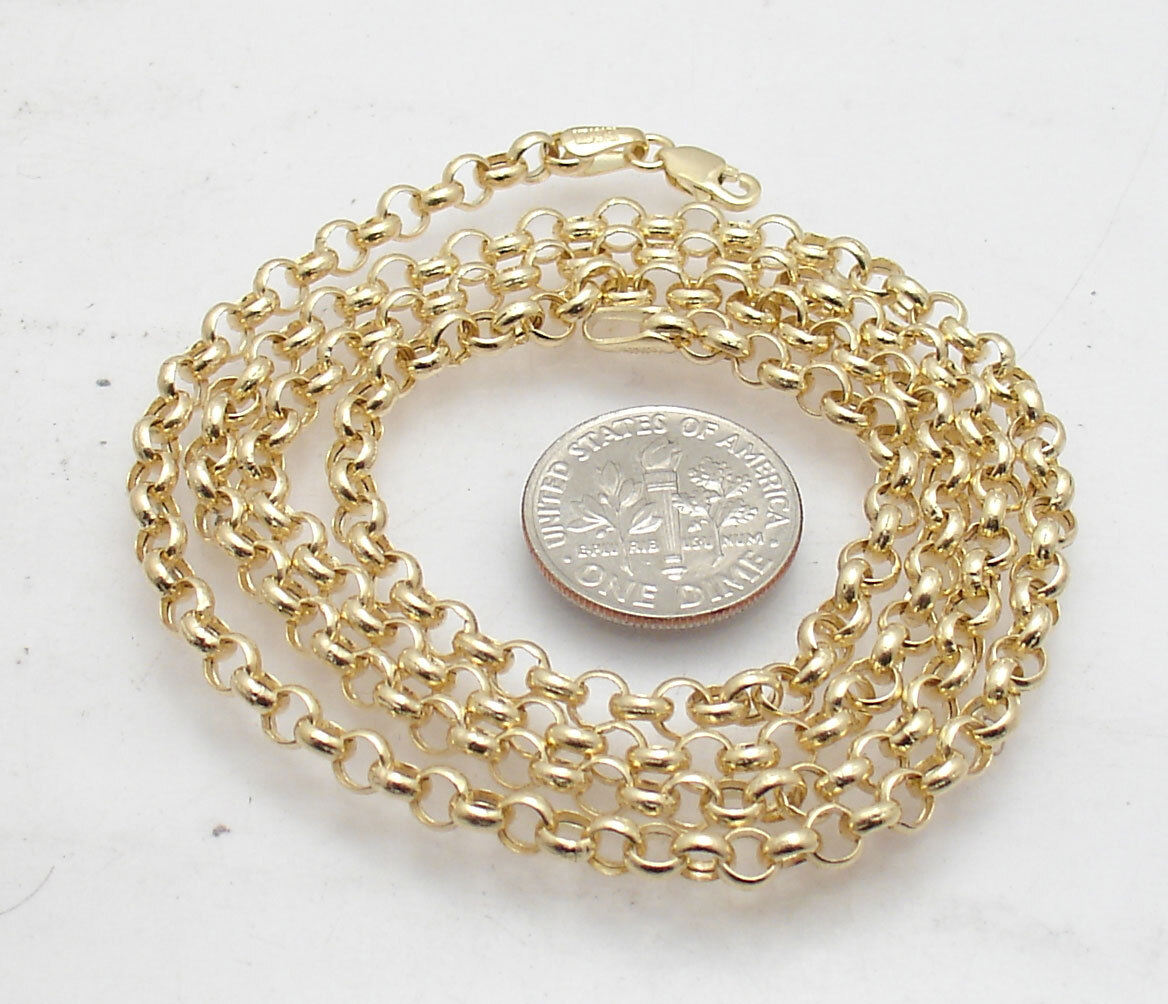 4mm Charm Rolo Chain Necklace Real 14K Yellow Gold 16″ 18″, 20″, 22″, 24″ 26″ 30