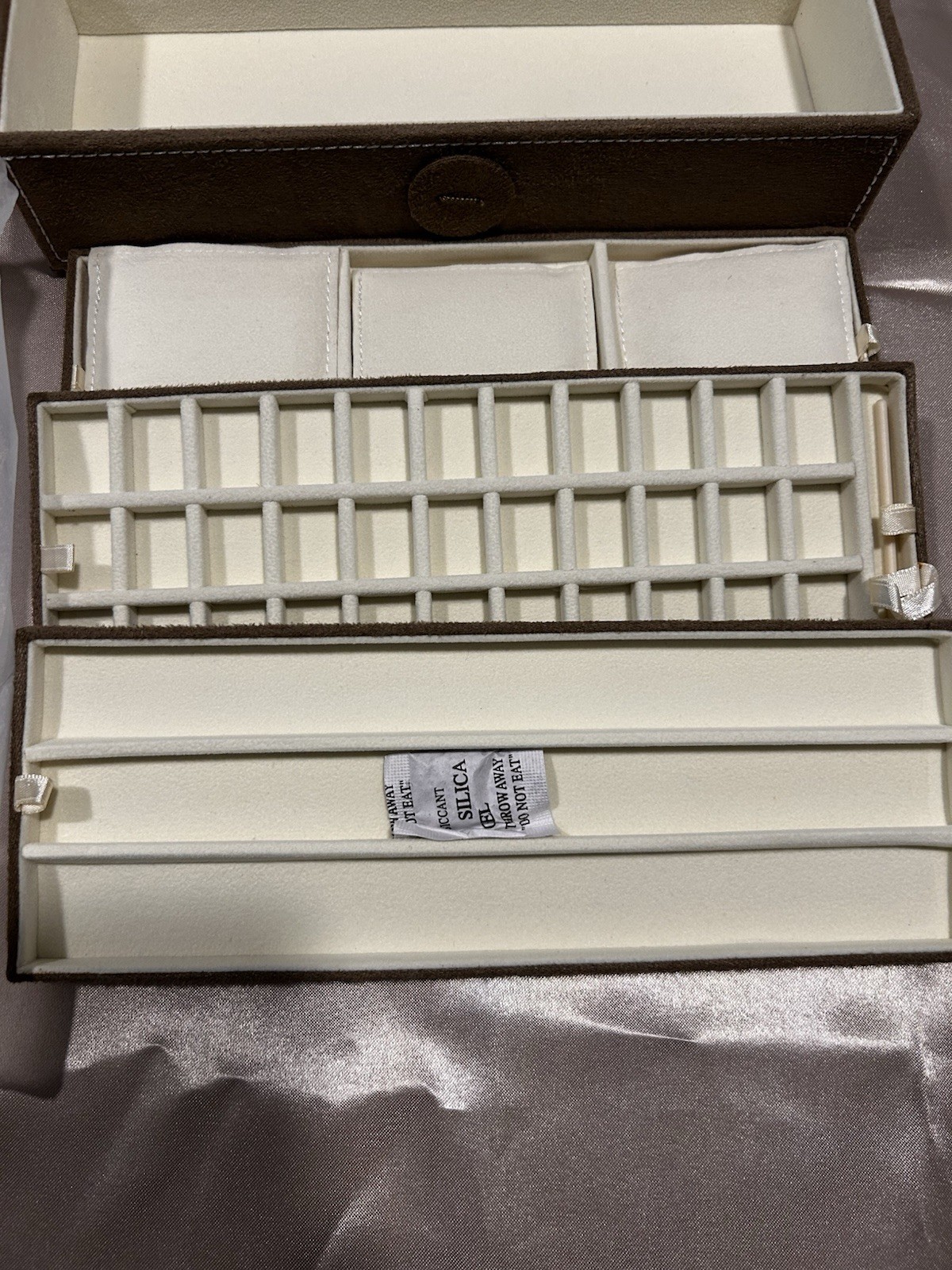 PANDORA Travel Jewelry Box 3-Tier Organizer – W/ Tool & Sealed Cloth Brown