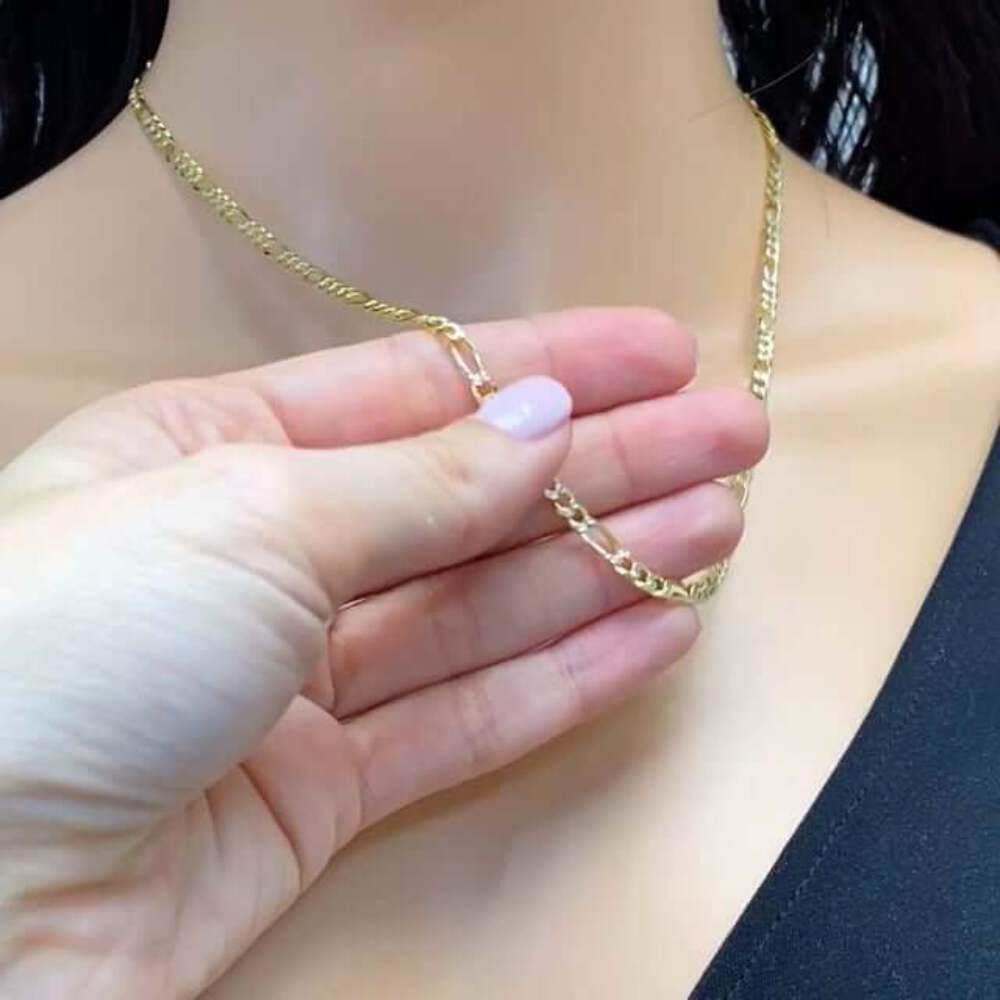 Solid 18K Gold Over Silver 3.5mm Diamond-Cut Pave Figaro Chain Necklace 16″-30″