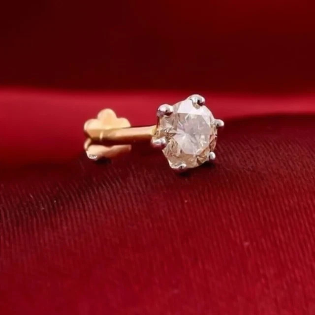 4MM Round Cut Lab Grown Diamond Screw Back Nose Pin Real 14K Yellow Gold