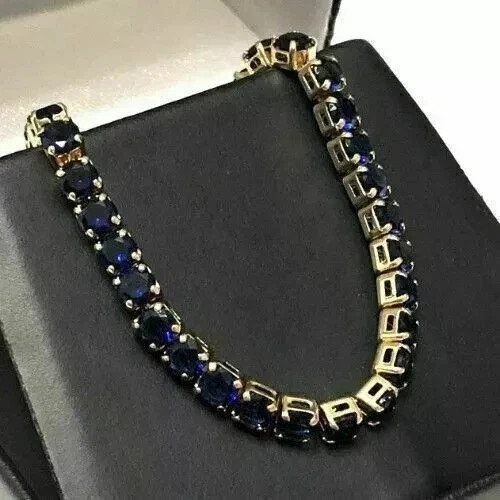 30CT Round Cut Lab-Created Blue Sapphire Tennis Necklace 14K Yellow Gold Plated