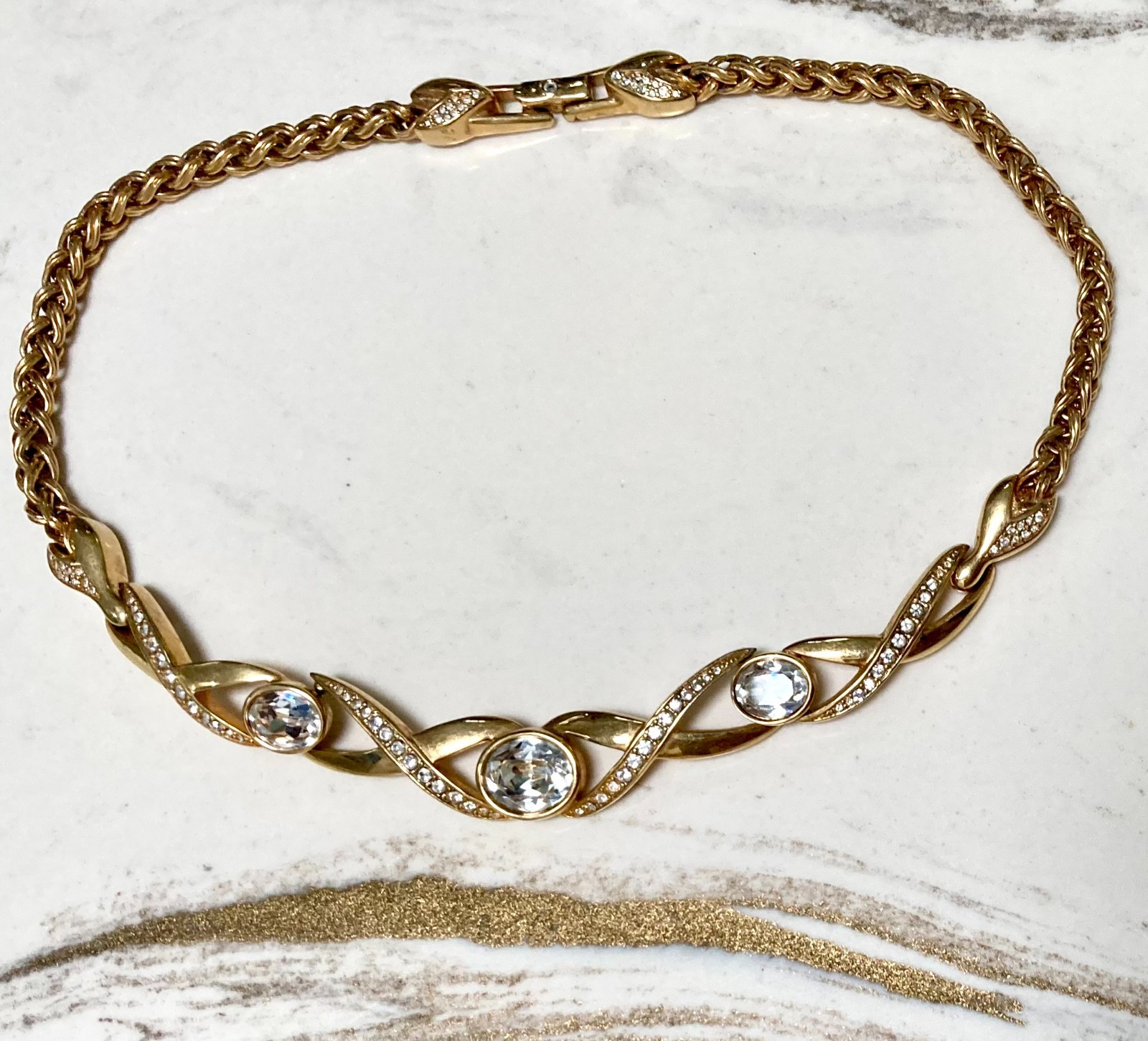 Vintage SAL Necklace Swarovski Crystals 15 Inch Gold Tone Signed 3+ Great Stones