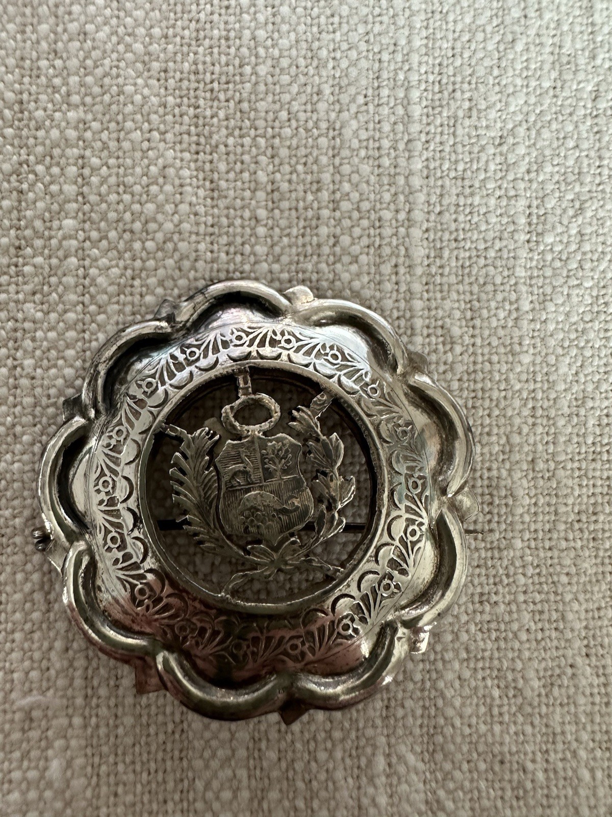 Vintage Peruvian Silver Brooch Coat Of Arms Of Peru