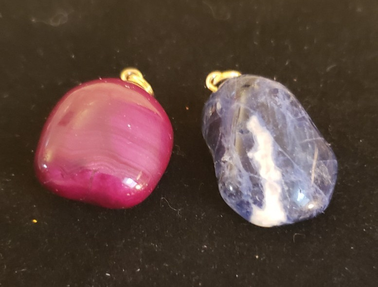 Whimsical, Boho, Earthy – Two Polished Stone Pendants – Red/Burgundy and Blue