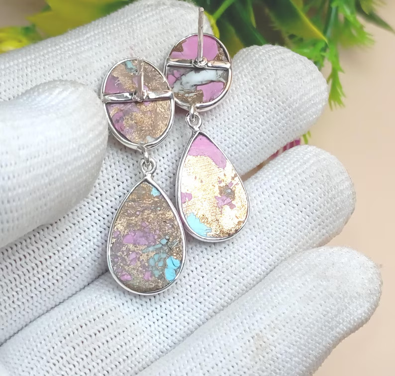 Sterling Silver Pink Oyster Turquoise Stud Earrings – Round Cut Valentine’s Day