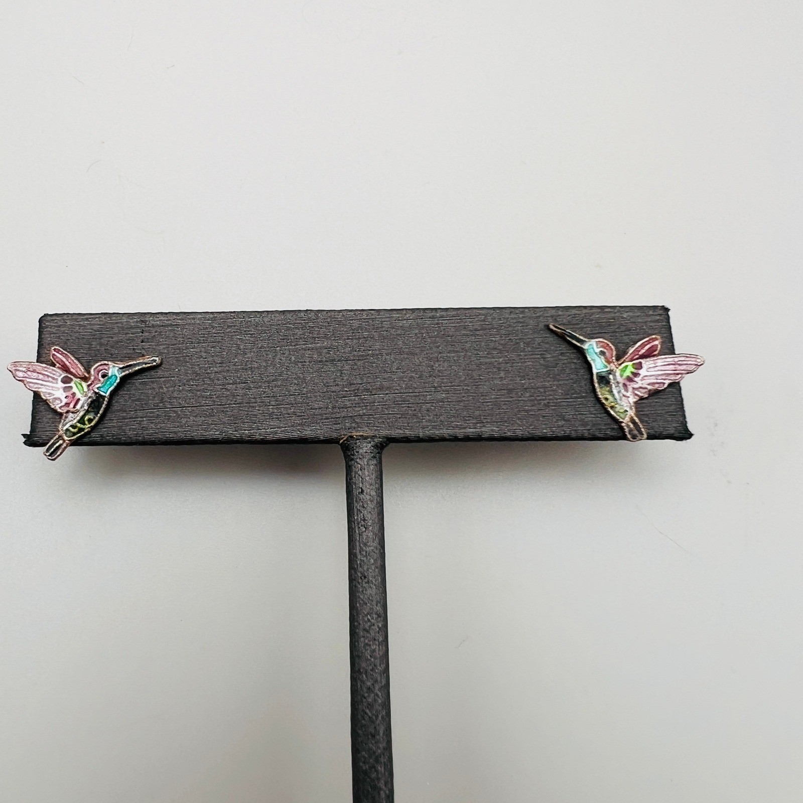 Vintage Enamel Hummingbird Stud Earrings Multi Color Silver Tone Bird Jewelry