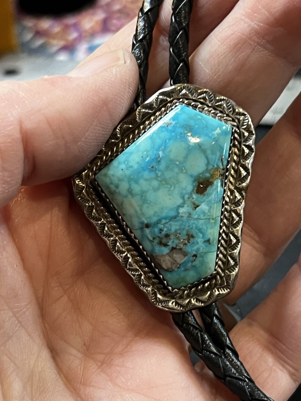 Vintage Southwestern Turquoise Bolo Tie Sterling Tips 32in Braided Leather