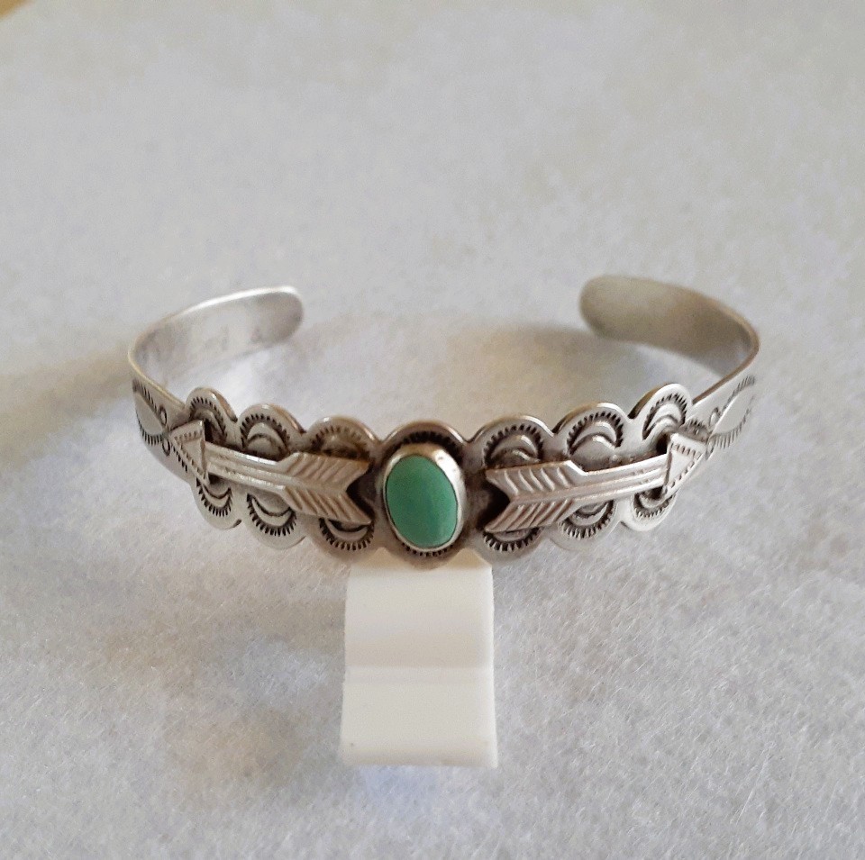 Vintage Fred Harvey Era Navajo Coin Silver Turquoise Stone Cuff Bracelet Stamped