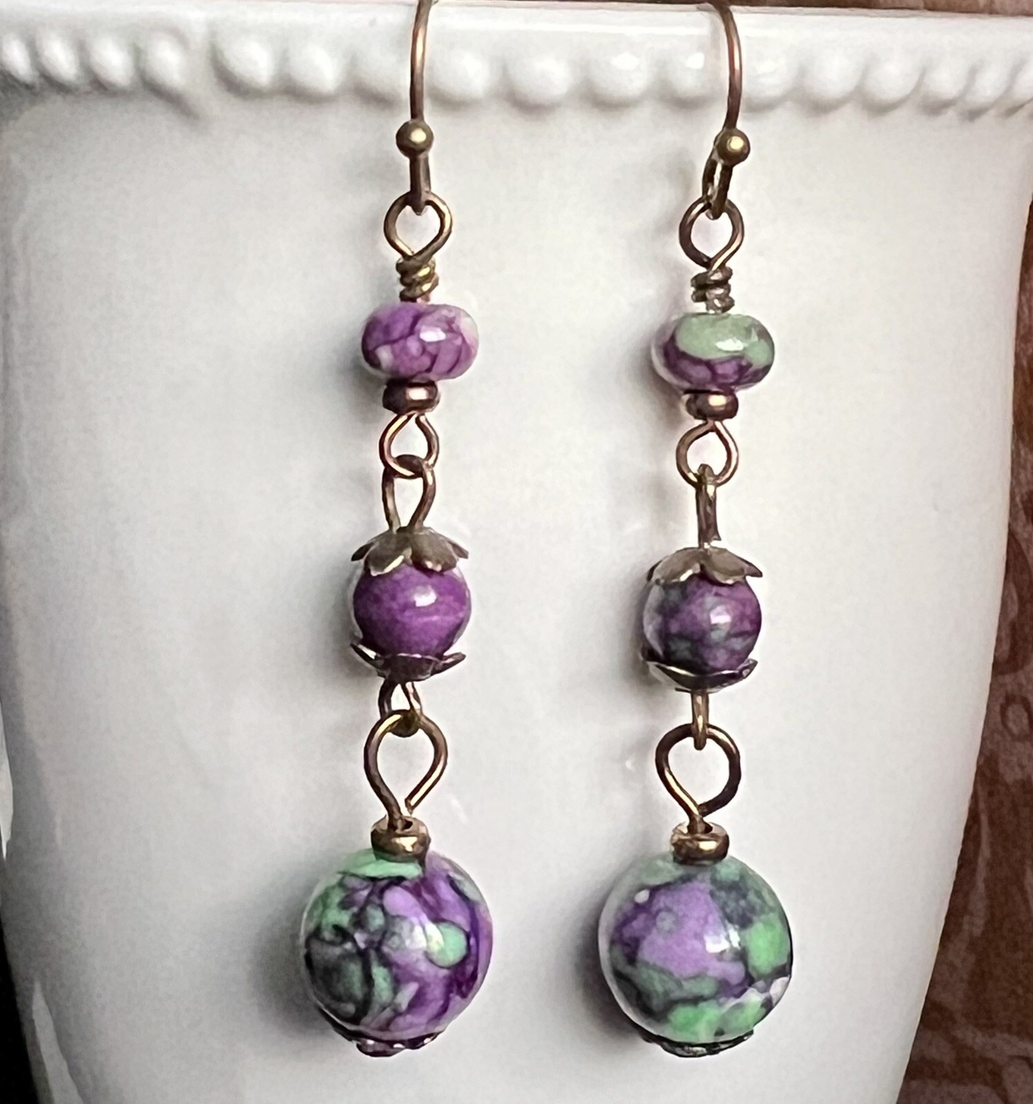Beautiful Bronze with Green and Purple Flower Jasper Bead Earrings. Lavender.