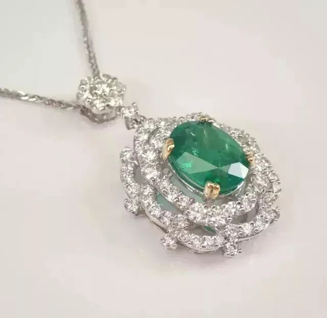 3.00Ct Oval CutNatural Green Emerald Halo Wedding Pendant 14K White Gold Plated