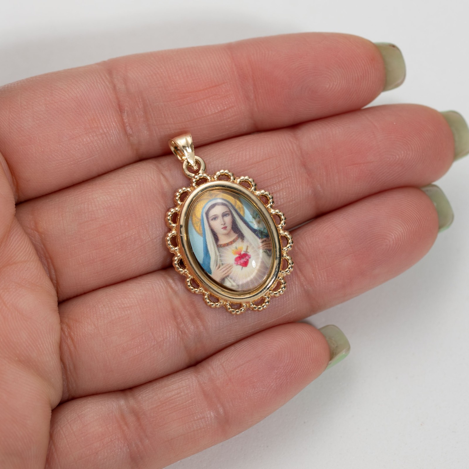 Pendant 14K Gold Dome Sacred Heart of Mary Picture 1 3/8″ Yellow Gold