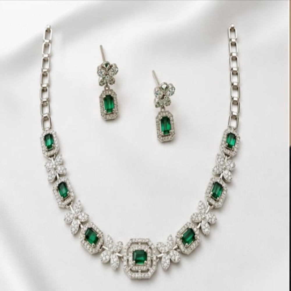 Emerald Green CZ Necklace Set for Women Silver Tone Statement Jewelry Earrings