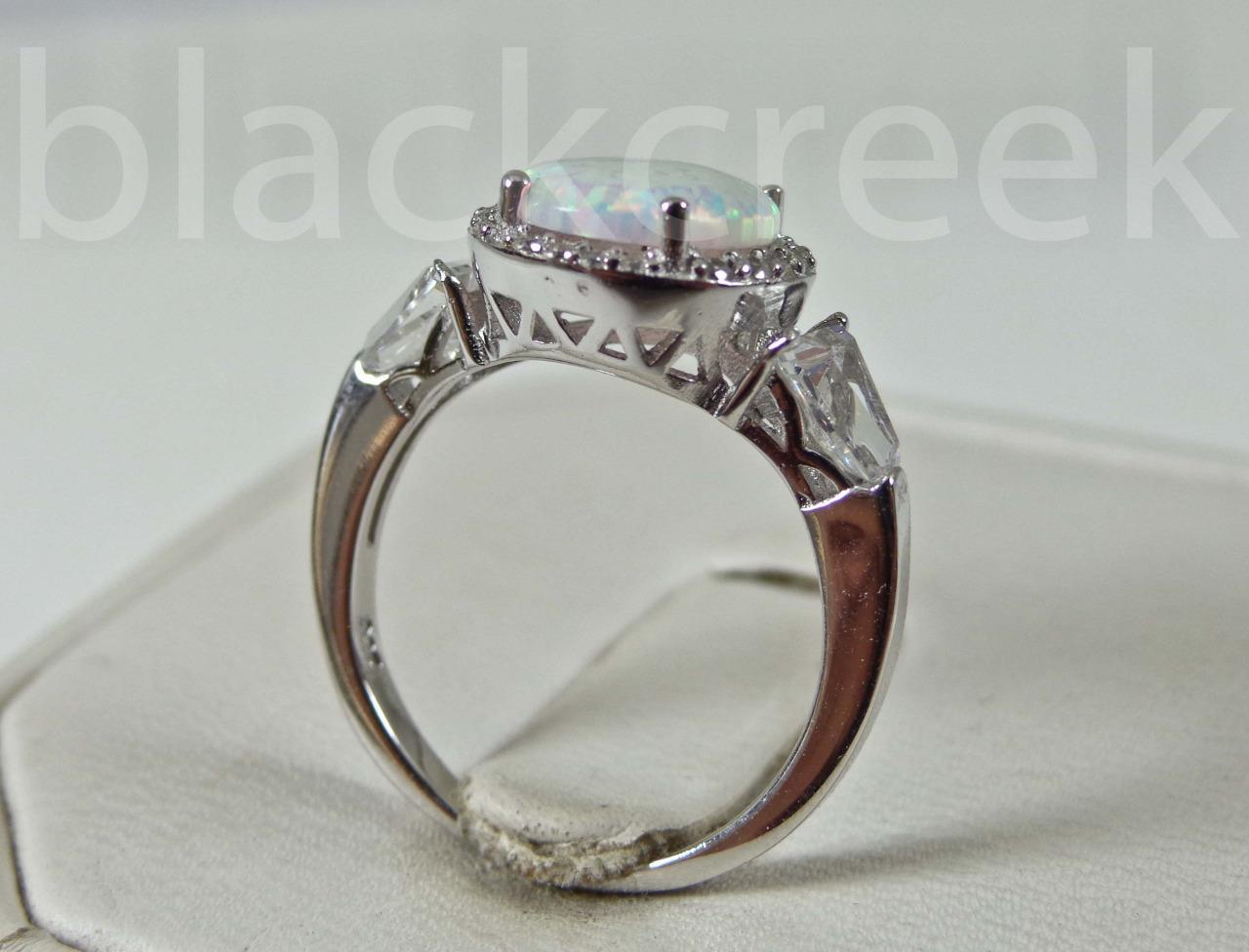 925 Sterling Silver~White Fire Oval Opal/Micro Pave Ring Choose Size