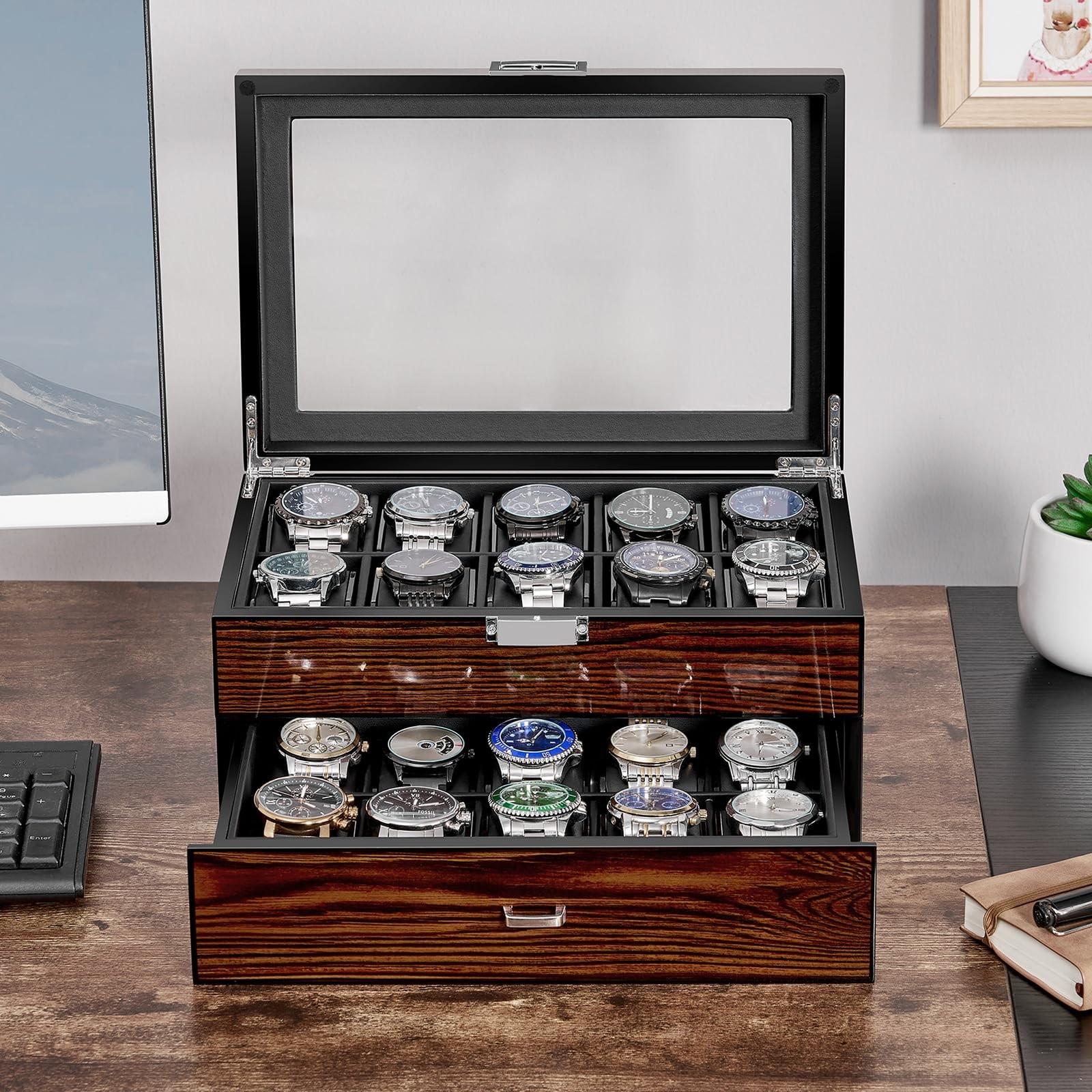 BEWISHOME High-End Watch Box, 20-Slot Case with Large Medium, Brown